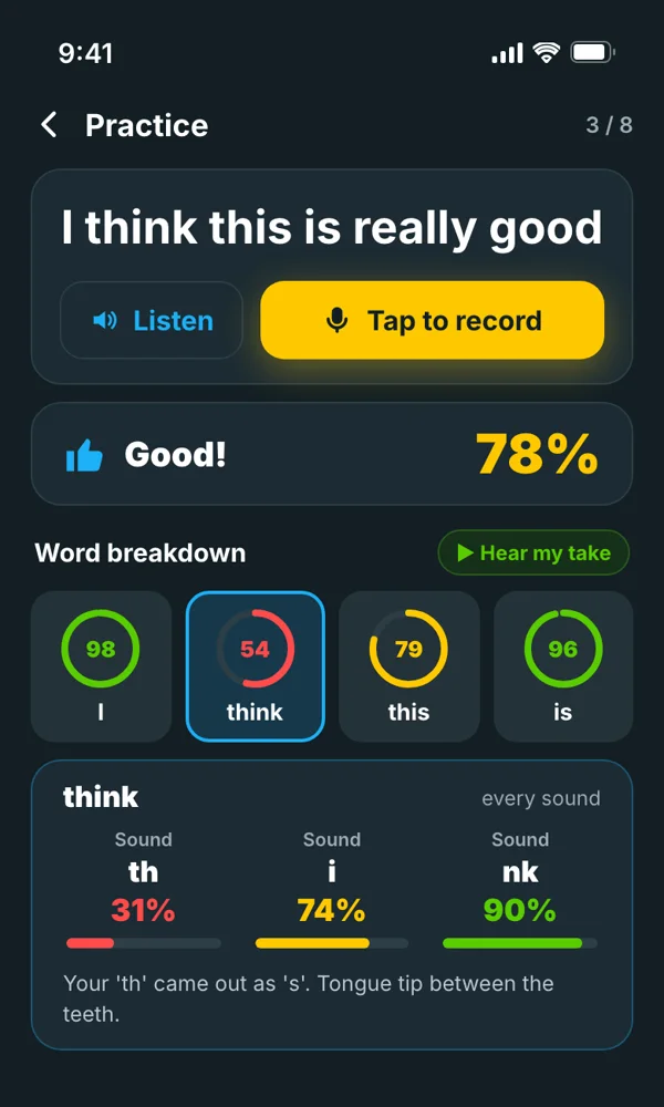 Each word is scored sound by sound, grouped by syllable, so you know exactly what to fix.