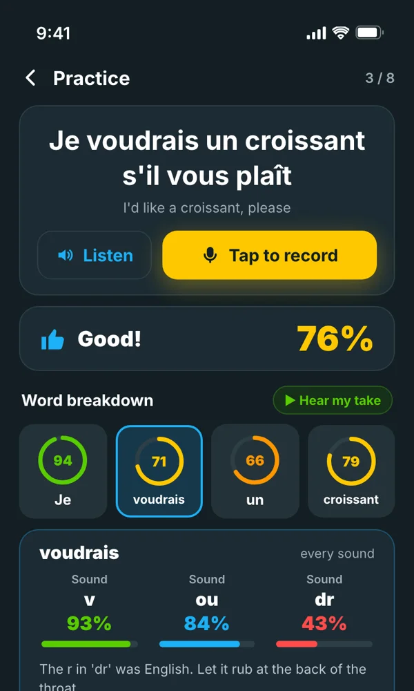 Each word is scored sound by sound, grouped by syllable, so you know exactly what to fix.